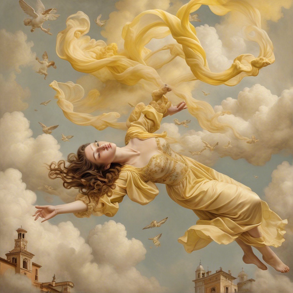 Woman in Yellow Gown Ascending Among Swirling Clouds