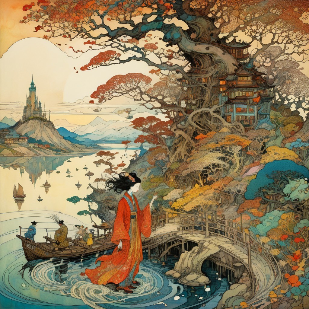 Serene Landscape with Kimono by Tranquil River