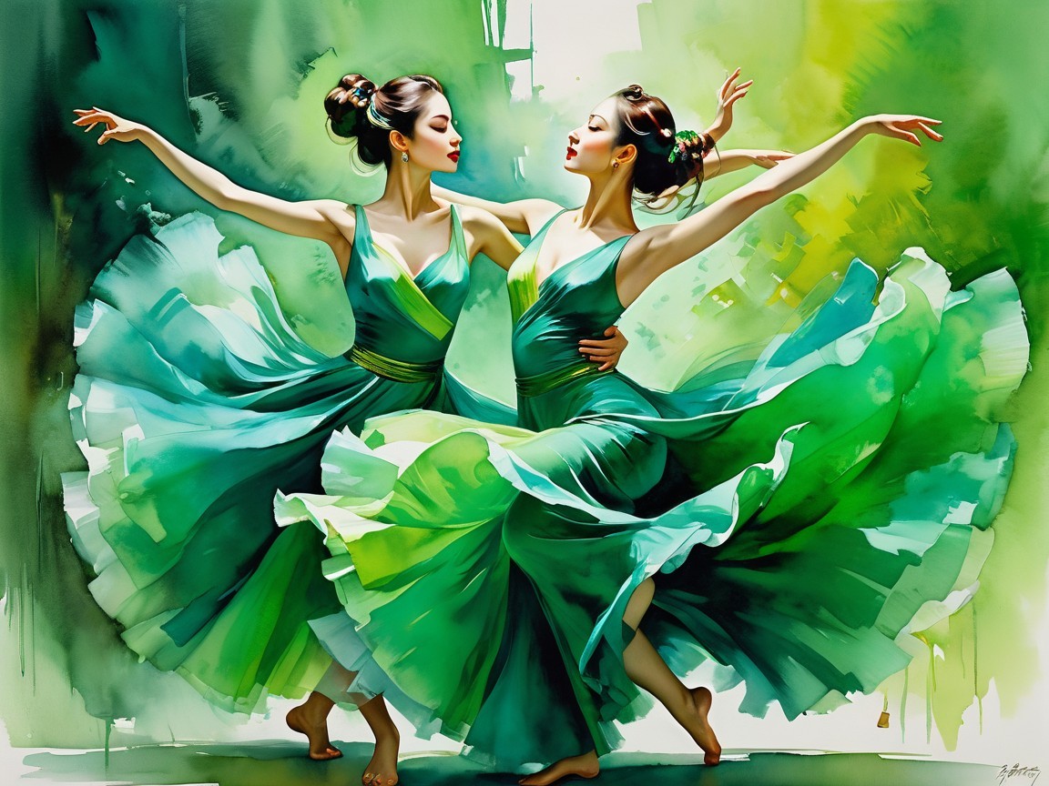 Elegant Dancers in Flowing Green Dresses and Background