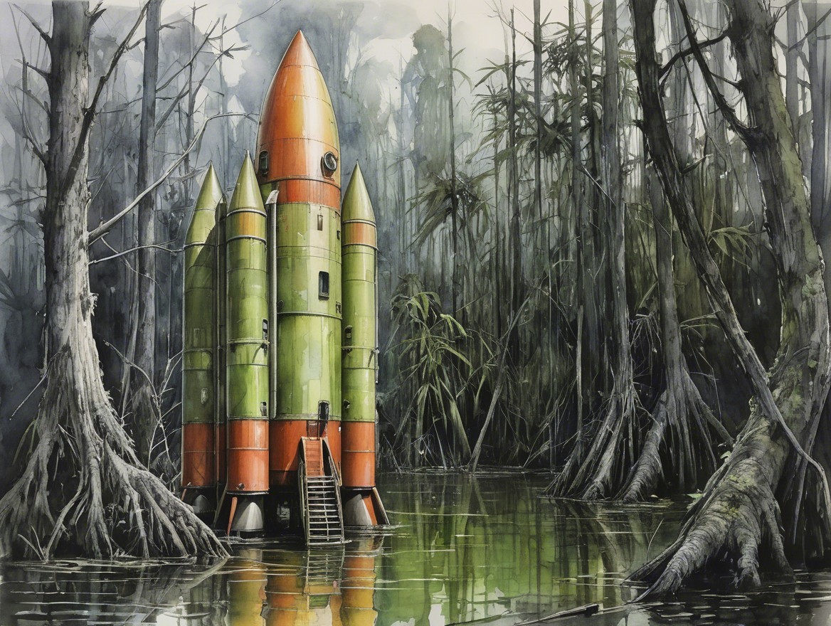 Vibrant Rocket in Serene Otherworldly Swamp Setting