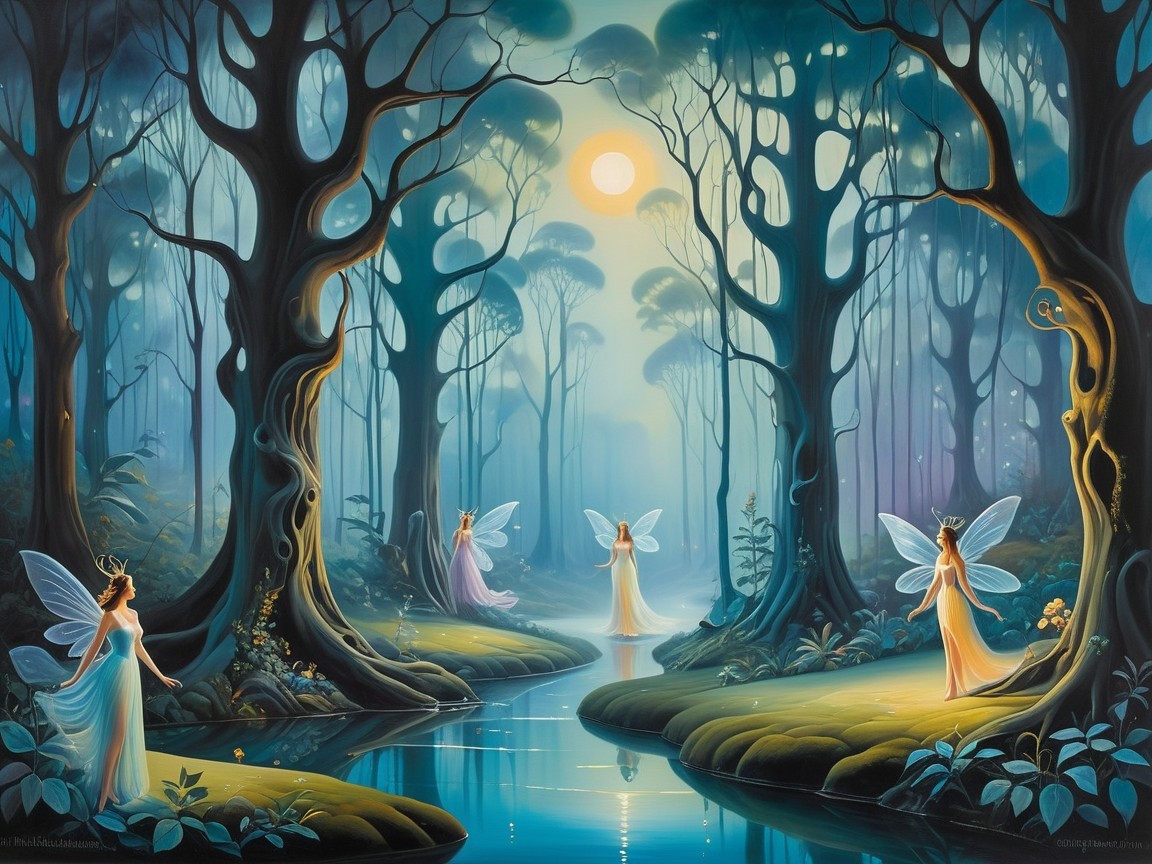 Ethereal Fairies Gather in Moonlit Forest Scene
