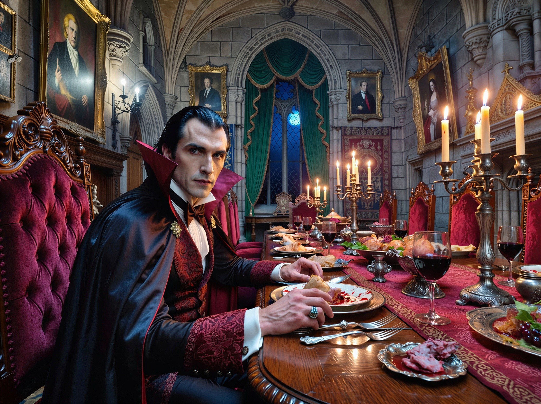 Vampire at Gothic Dining Table in Grand Castle Setting
