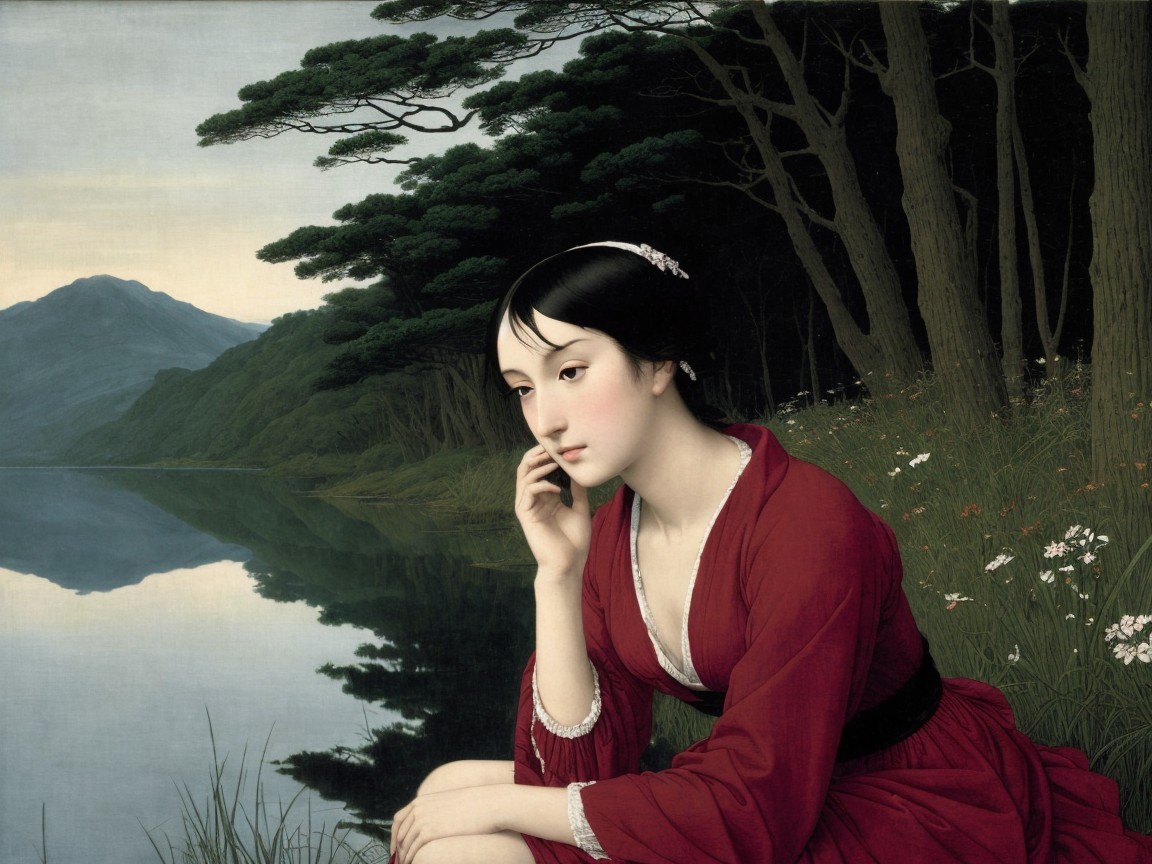 Young Woman in Red by a Tranquil Lake at Dusk