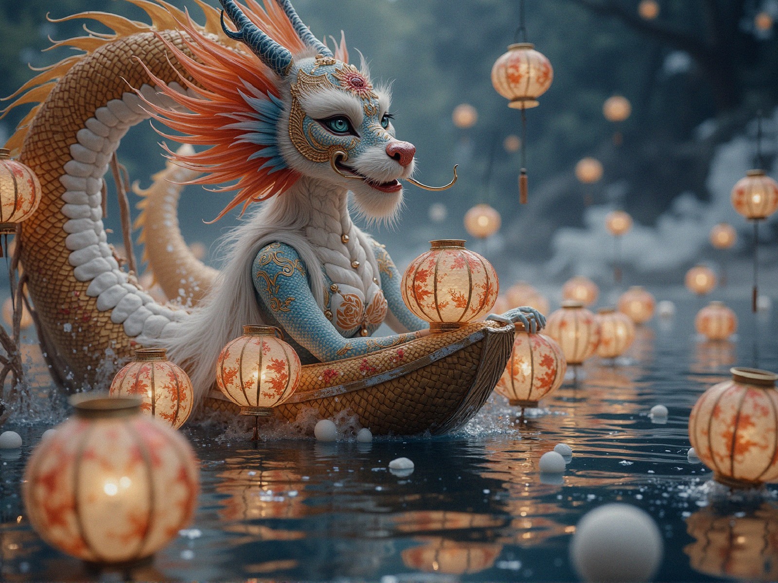 Fantastical Dragon-like Creature in Misty Waterway