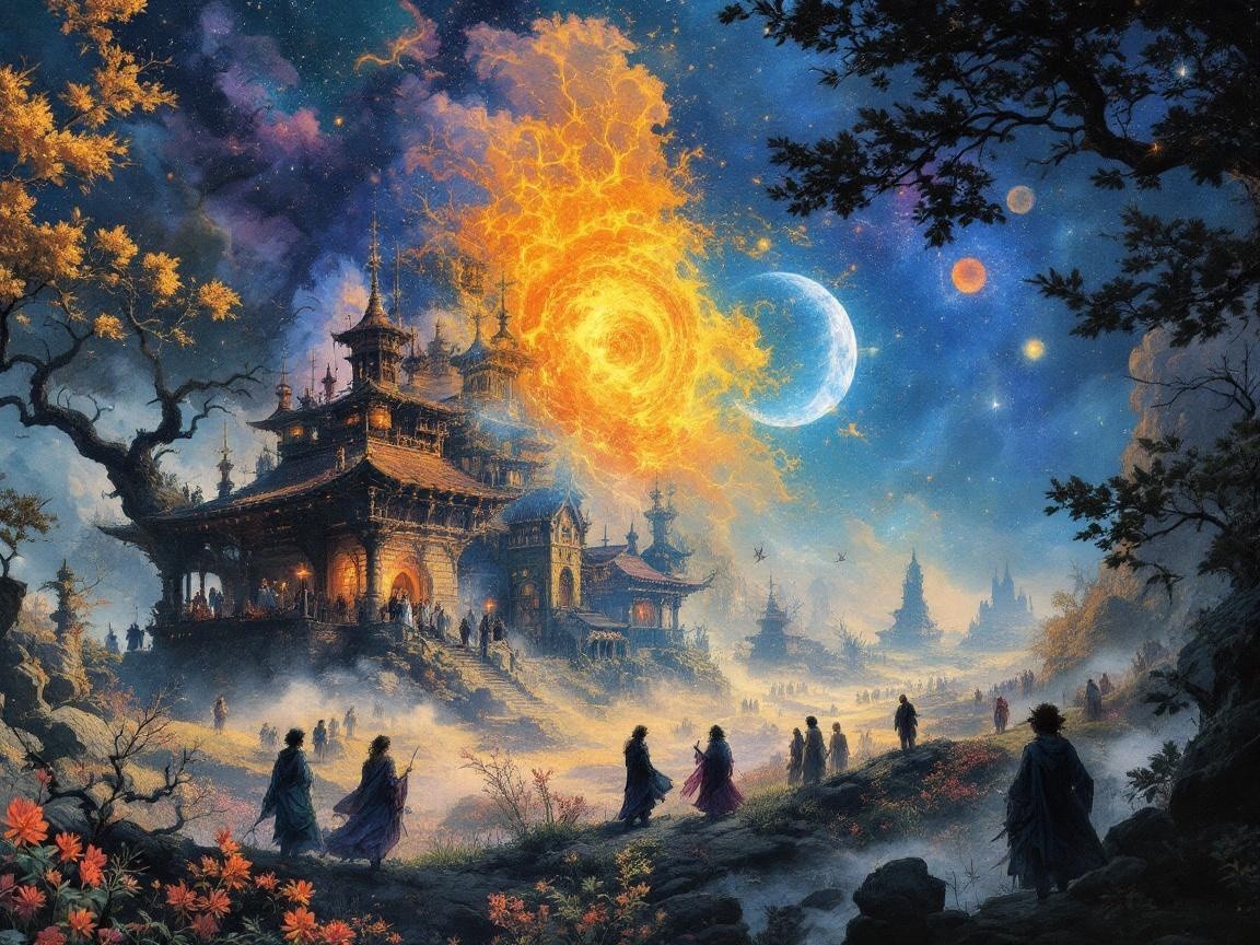 Fantastical Landscape with Cosmic Sky and Ethereal Figures