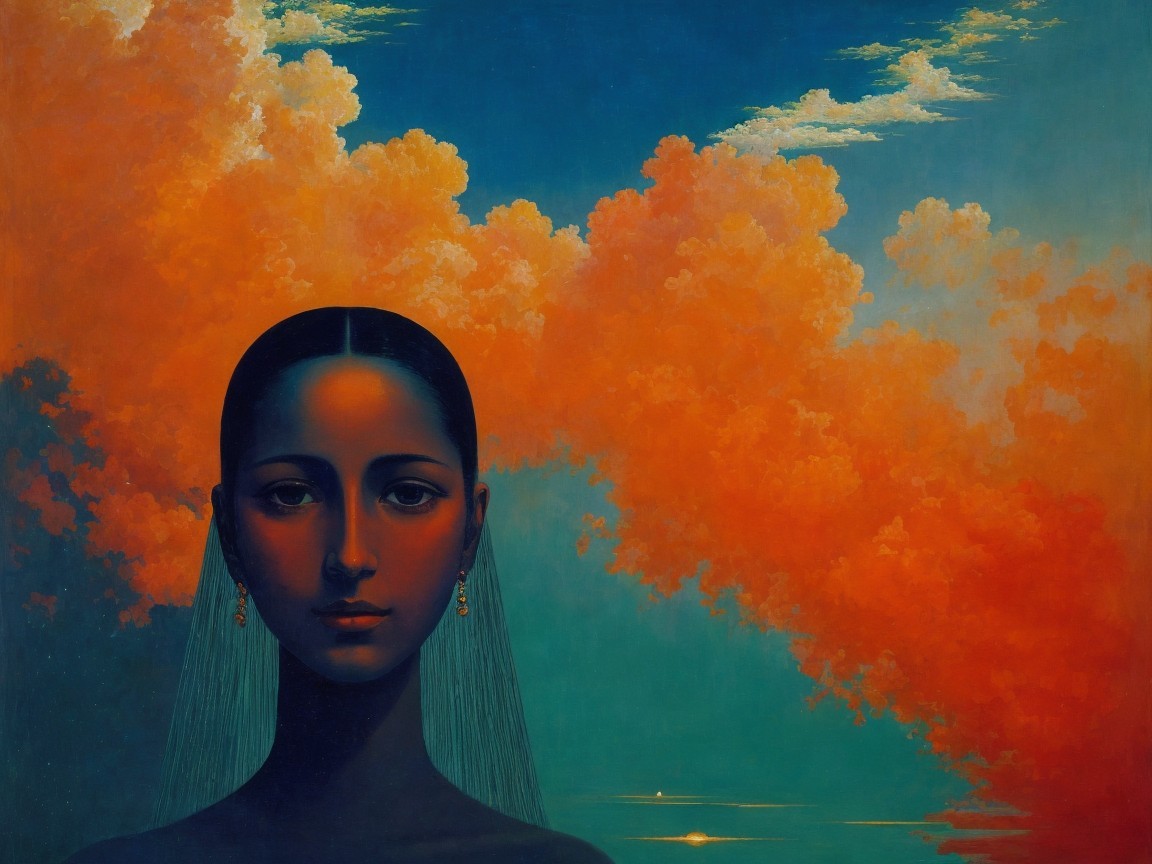 Contemplative Woman Against Dramatic Sky Background