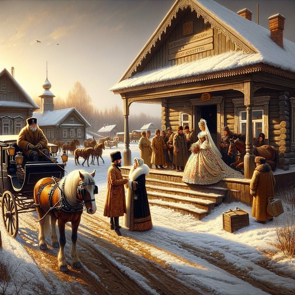 Winter Village Scene with Bride and Carriage