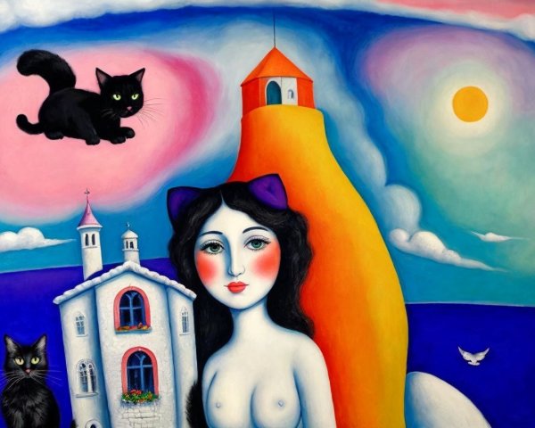 Whimsical Painting of Girl, Cats, and Colorful Landscape