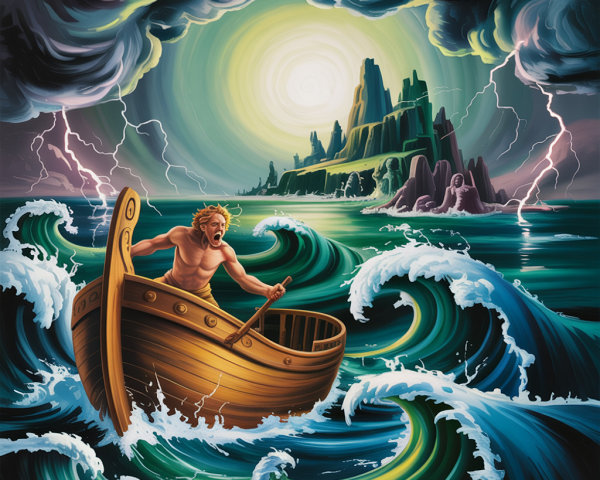 Muscular Figure Rowing a Boat in Stormy Seas