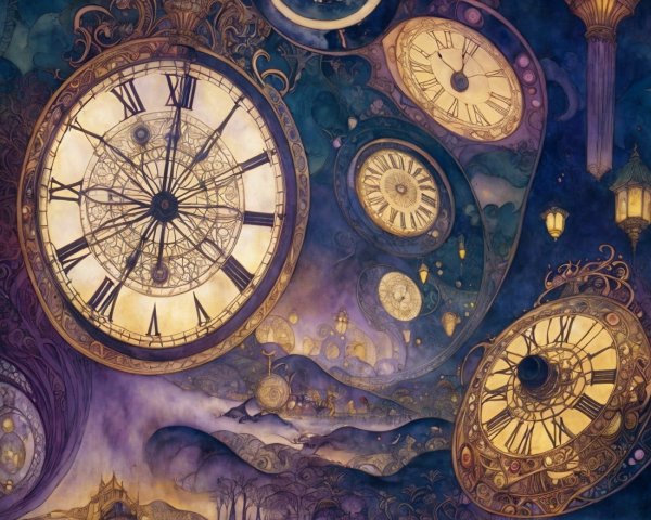 Whimsical Scene with Intricate Swirling Clocks