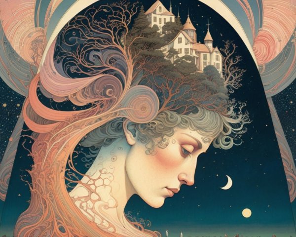 Surreal Portrait of a Woman with Whimsical Landscape