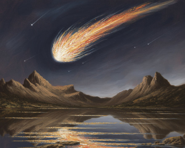 Comet Over Mountains and Tranquil Lake at Night