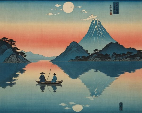 Serene Landscape with Mountain and Moonlit Waters