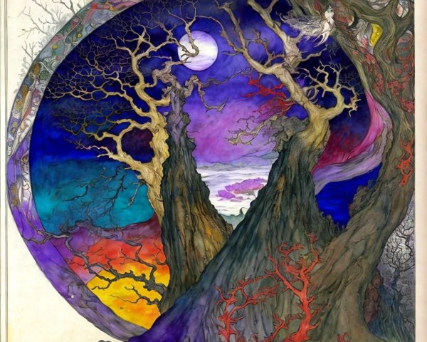 Fantastical Landscape with Twisted Trees and Color Gradients