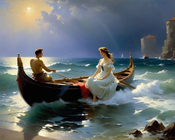 Couple in a Boat at Sunset with Ocean Waves