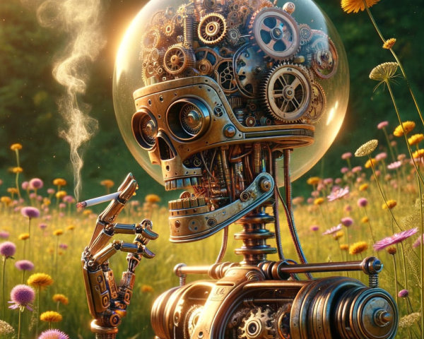 Whimsical Robot Amidst Colorful Wildflowers and Smoke