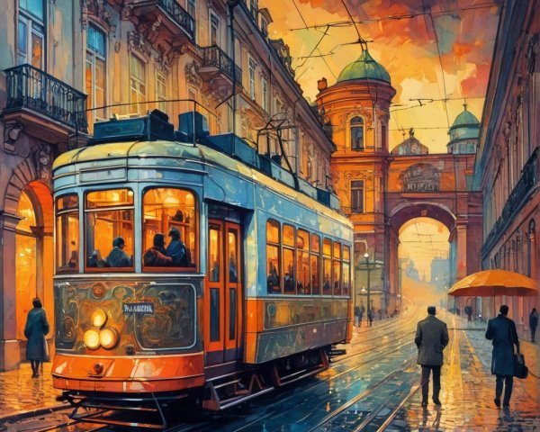 Vintage Tram in Rainy City Scene at Twilight
