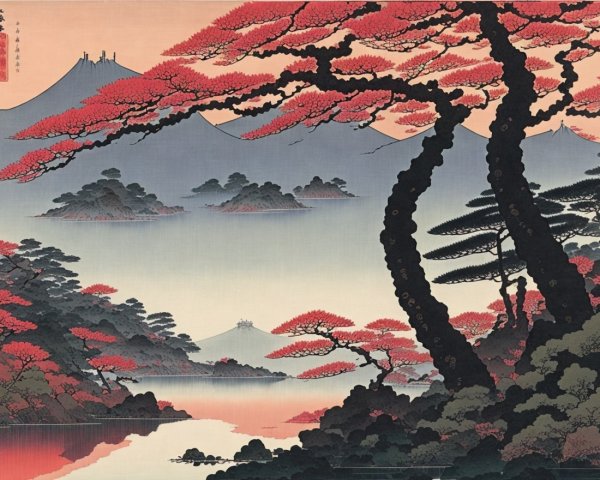 Vibrant Landscape with Red and Black Trees and Mountains