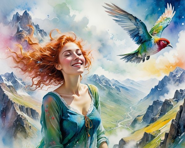 Joyous woman with red hair in mountainous landscape