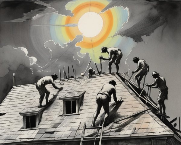 Black-and-white illustration of roof workers under sun