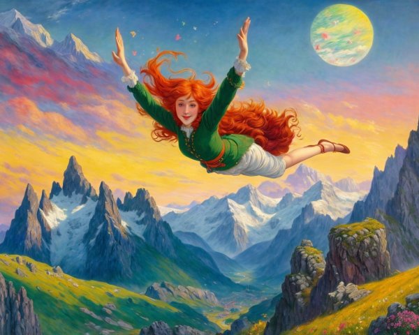 Vibrant Fantasy Landscape with Young Woman in Flight