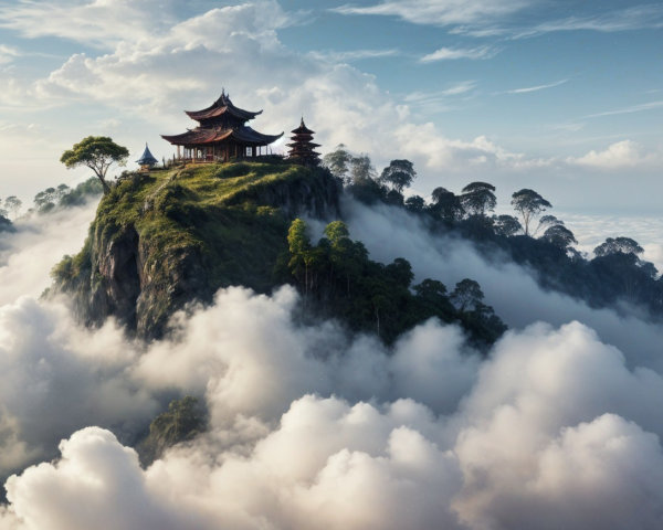 Mountain Peak with Pagoda Surrounded by Greenery