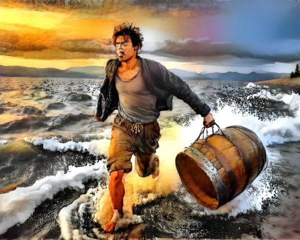 Young man running through turbulent waves with barrel