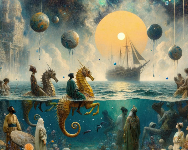 Surreal Scene of Sea Horses and Celestial Elements