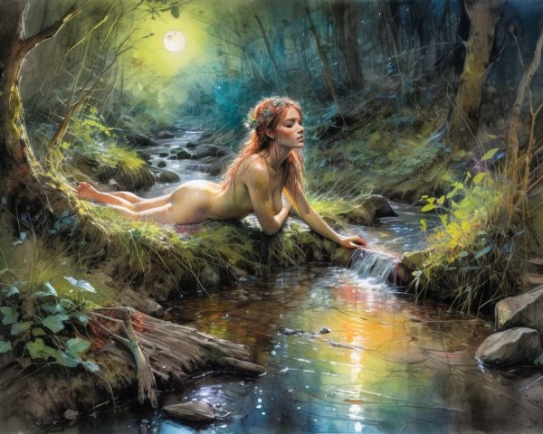 Woman with Red Hair by a Moonlit Stream in Forest