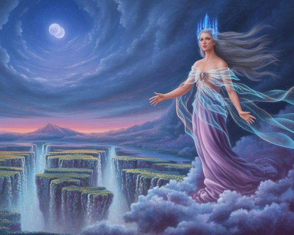 Surreal Landscape with Mystical Figure on Clouds