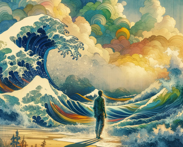 Lone Figure on Beach with Vibrant Waves and Sky