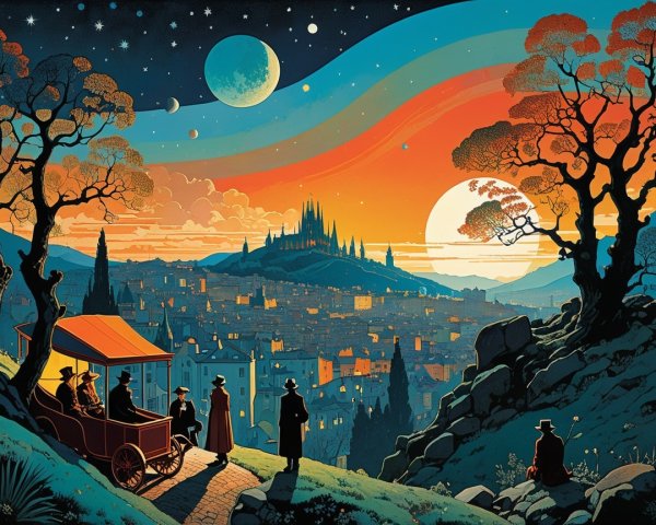 Vibrant Sunset Over a Fantastical City Landscape