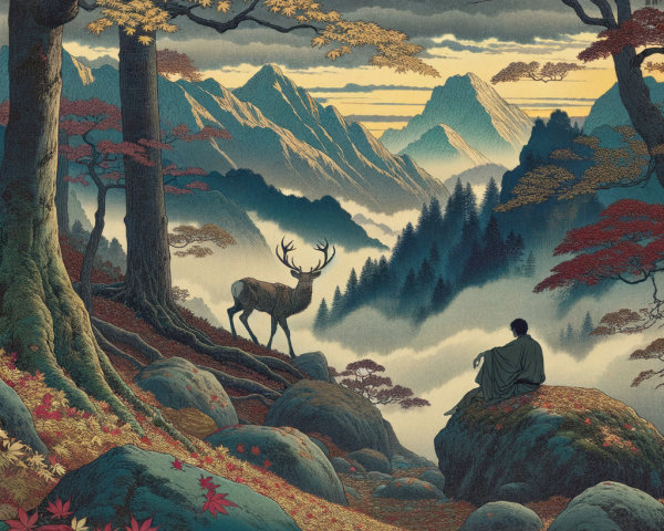 Serene Landscape with Mountains and Autumn Colors