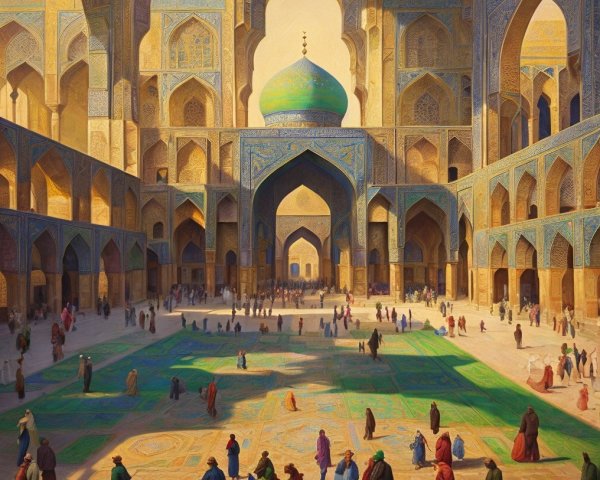 Grand architectural space with blue and gold mosaics