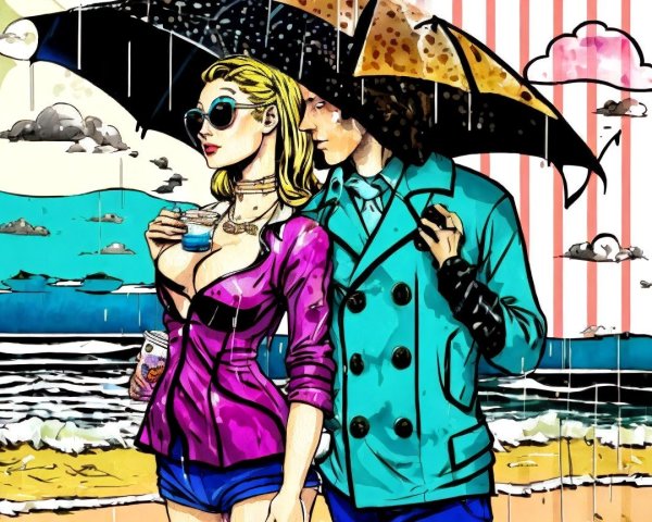 Couple Under Umbrella on Beach with Colorful Clouds