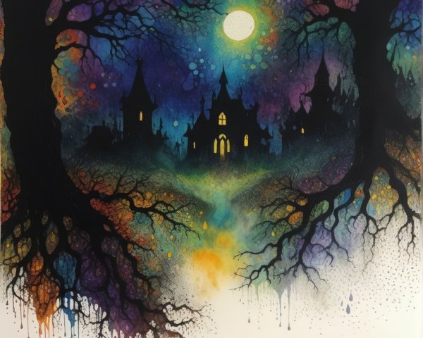 Mystical landscape with silhouetted castle and vibrant colors