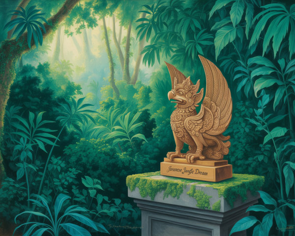 Wooden Griffin Sculpture in Lush Jungle Setting