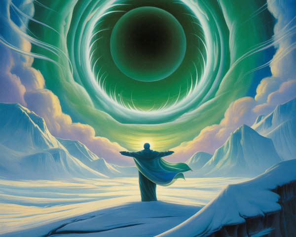 Figure in Snowy Landscape with Swirling Portal