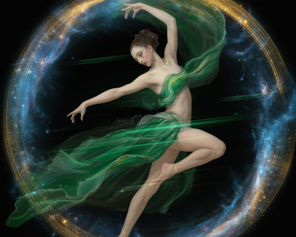 Dancer in Flowing Green Fabric Against Cosmic Background