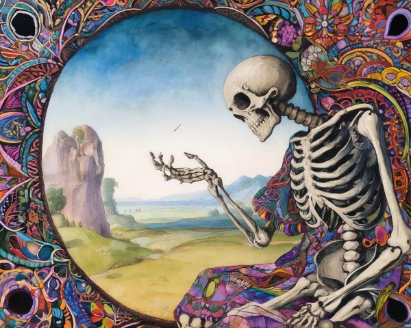 Psychedelic Acrylic Painting of Skeleton and Landscape