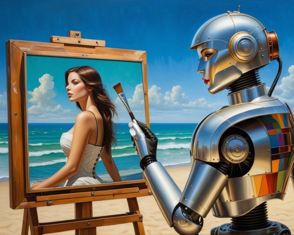 Futuristic Robot Artist Painting on a Beach