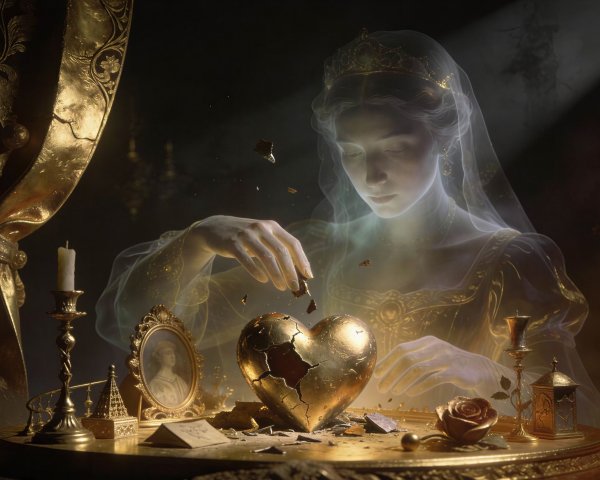 Translucent Woman with Golden Heart and Decorated Table