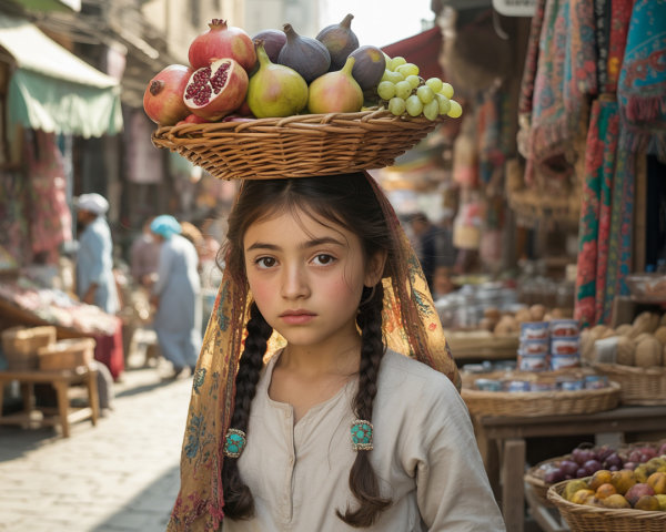Young girl with basket in vibrant market scene