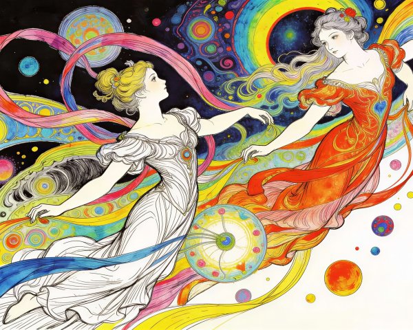 Women in Colorful Dresses Dancing in Psychedelic Space