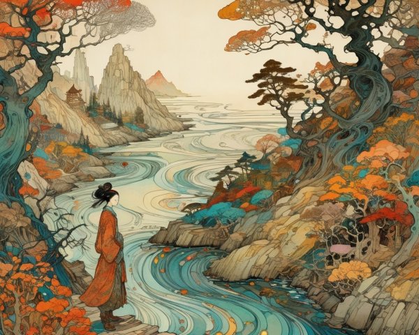 Serene Landscape with River and Autumn Trees