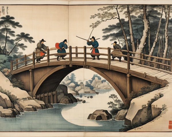 Traditional Wooden Bridge Over Calm River Landscape