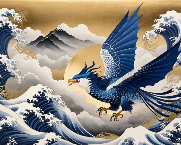 Phoenix Soaring Above Waves in Blue and Gold Tones