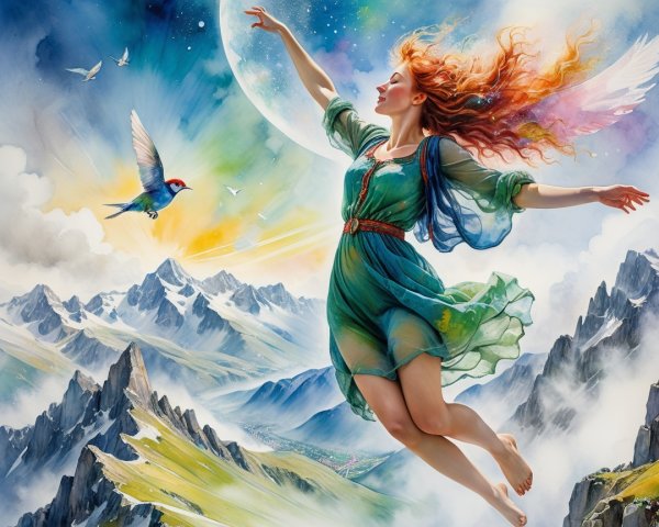 Mystical Woman with Wings Above Majestic Mountains
