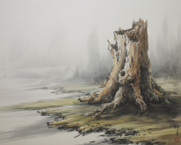Watercolor Painting of a Weathered Tree Stump in Mist