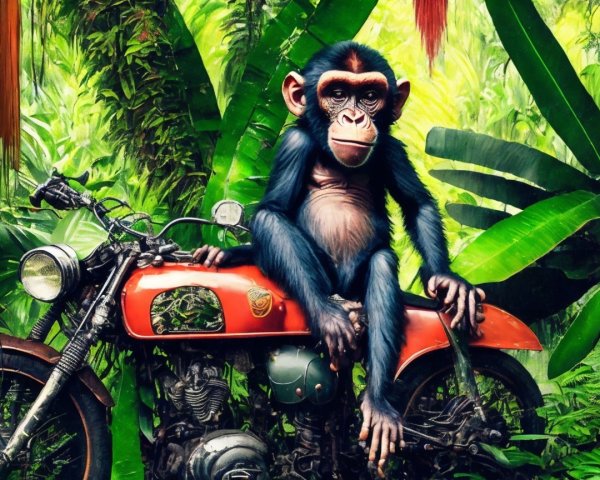 Cartoon Monkey on Vintage Motorcycle in Jungle Setting